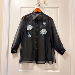 Vintage Sheer Blue Floral Embroidered Blouse Black